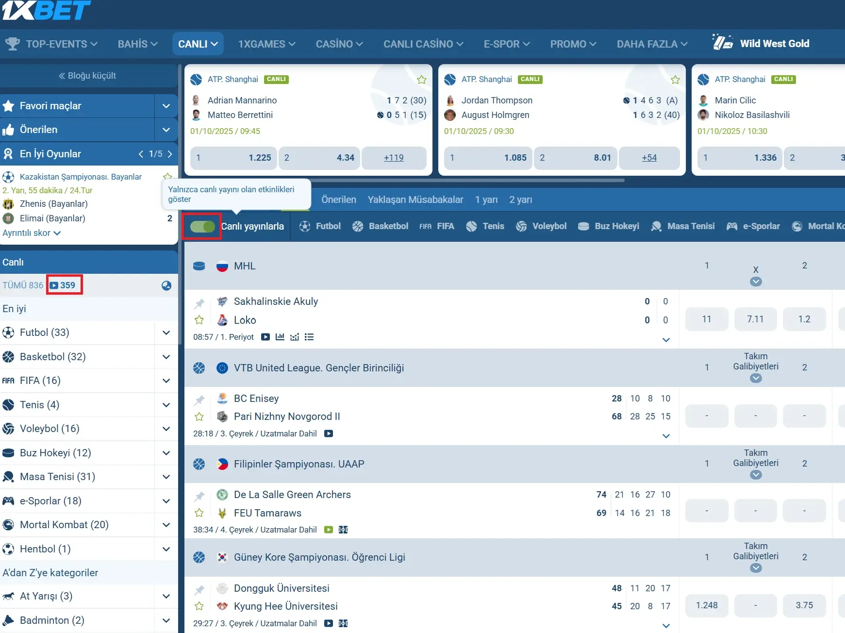 Canlı bahis ekranı